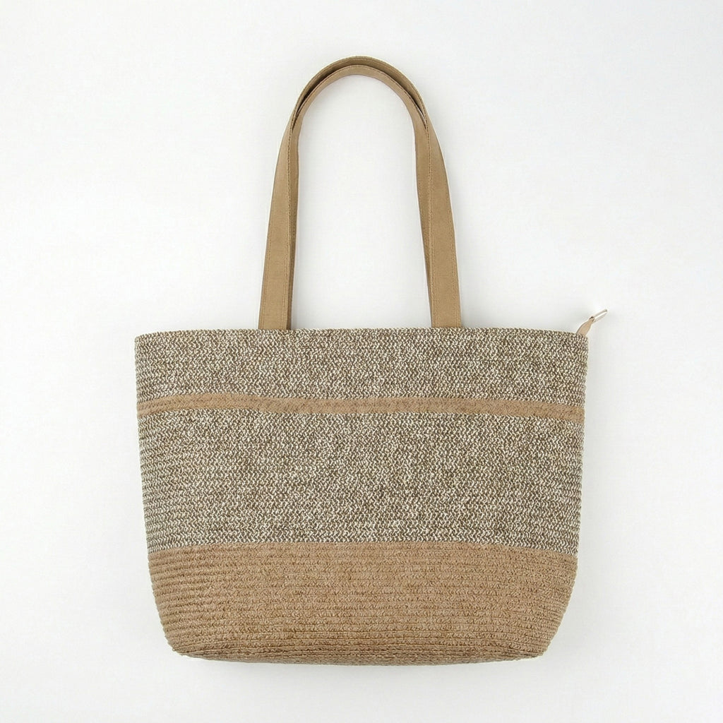 Anna-Kaci Women's Woven Straw Tote Bag with Contrast Panel Bow Accent Dual Shoulder Straps