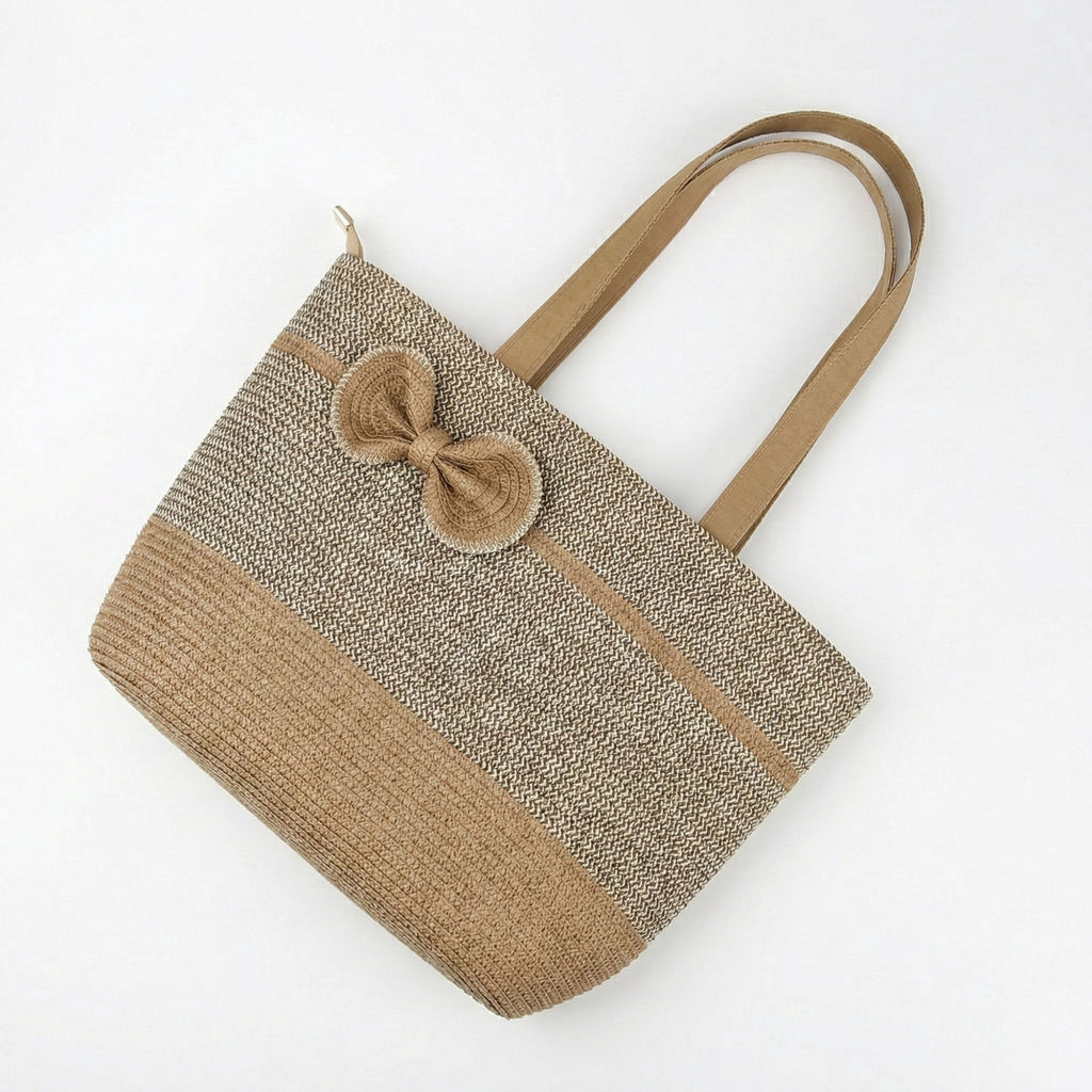 Anna-Kaci Women's Woven Straw Tote Bag with Contrast Panel Bow Accent Dual Shoulder Straps