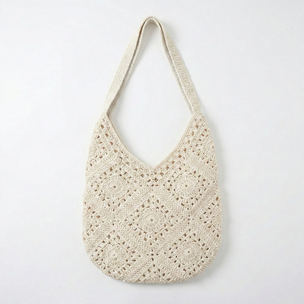 Anna-Kaci Women's Crochet Shoulder Bag with Open Knit Pattern Slouchy Hobo Silhouette and Wide Strap