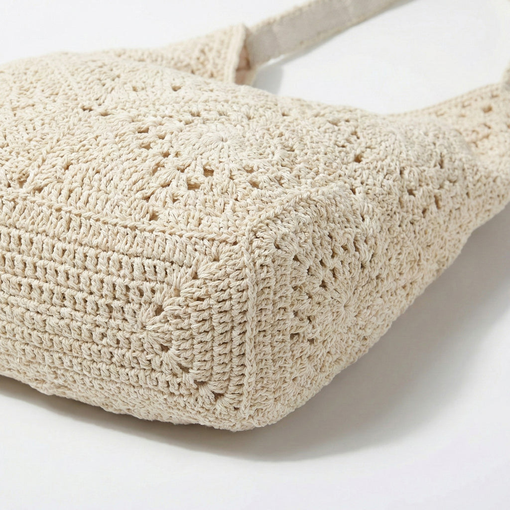 Anna-Kaci Women's Crochet Shoulder Bag with Open Knit Pattern Slouchy Hobo Silhouette and Wide Strap