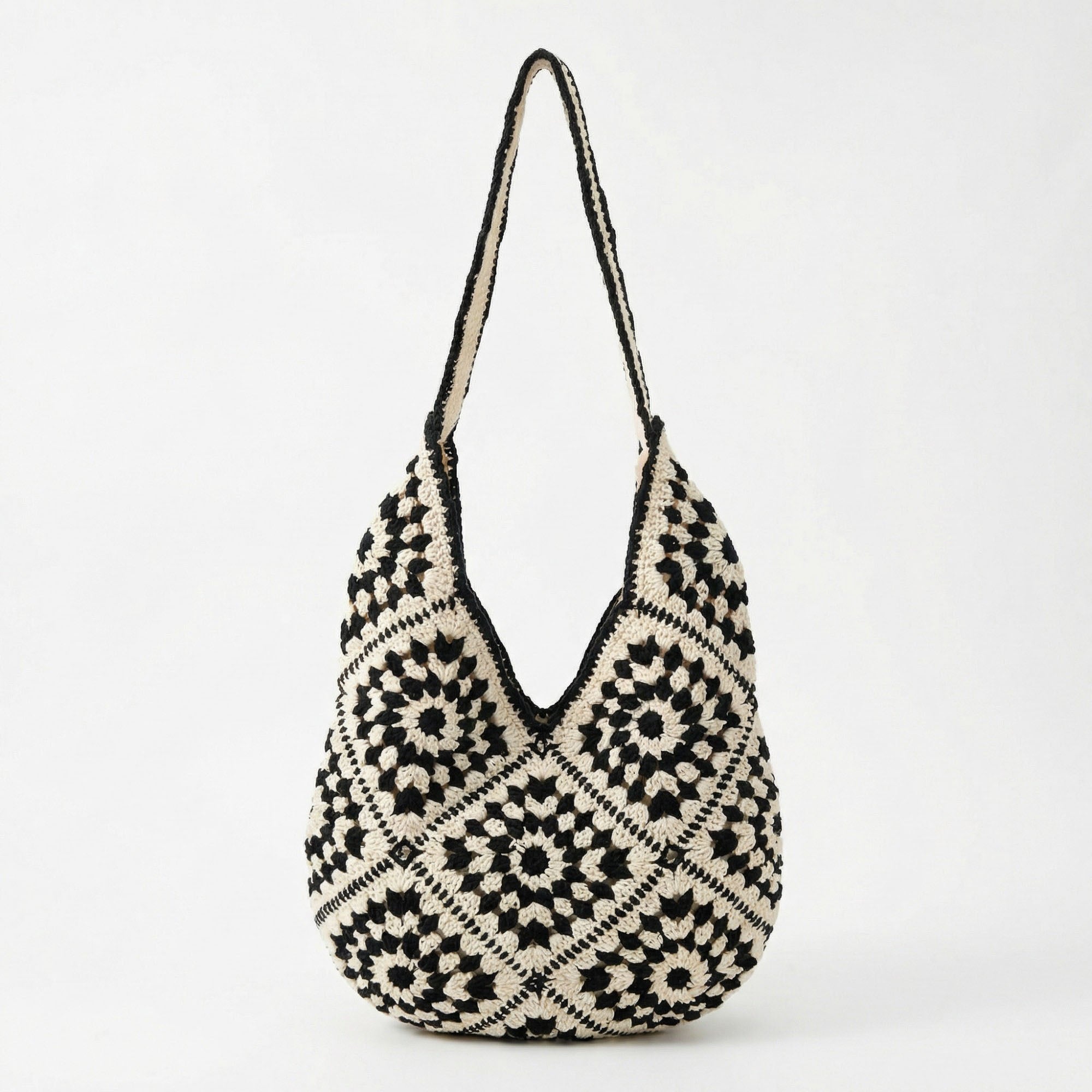 Anna-Kaci Women's Crochet Shoulder Bag with Open Knit Pattern Slouchy Hobo Silhouette and Wide Strap
