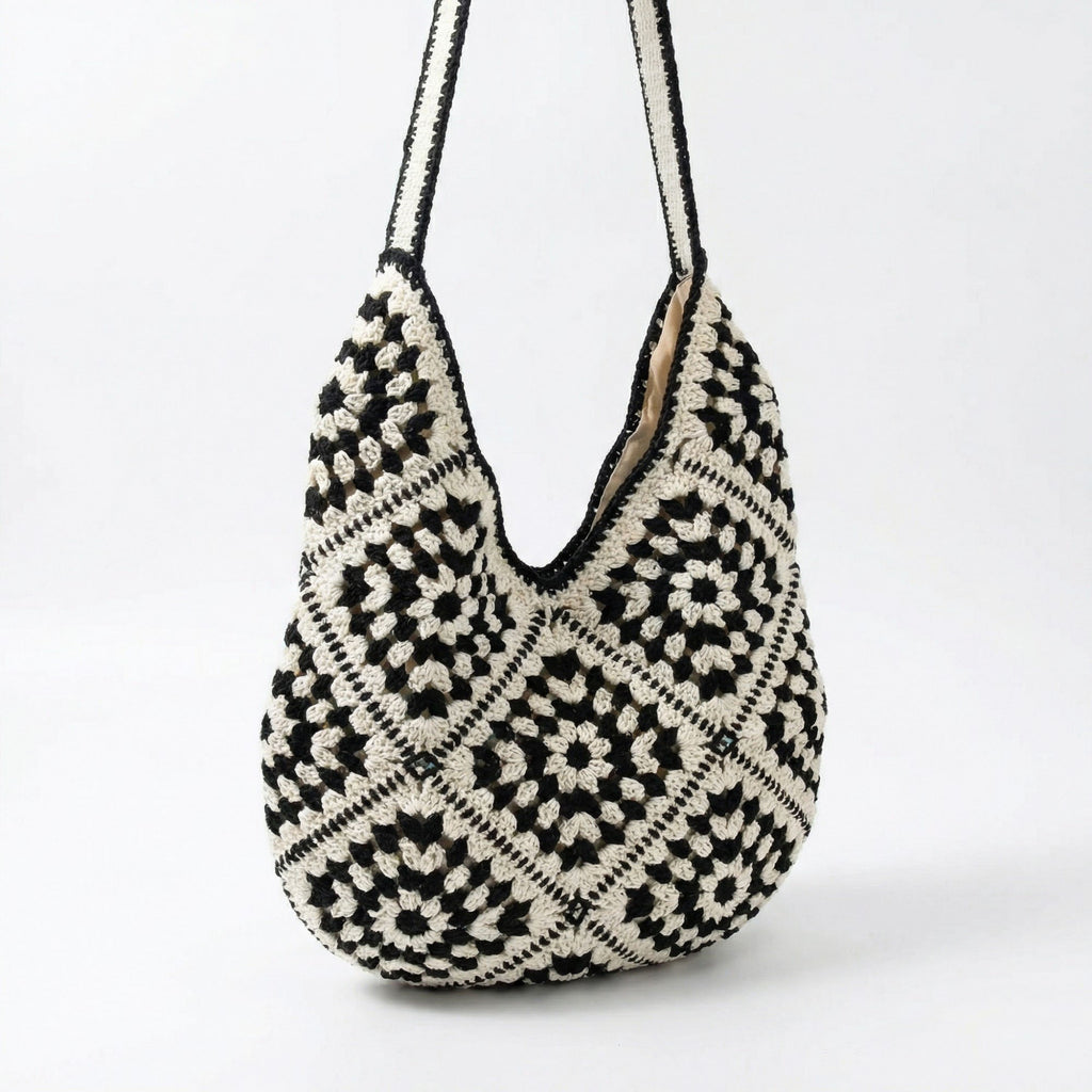 Anna-Kaci Women's Crochet Shoulder Bag with Open Knit Pattern Slouchy Hobo Silhouette and Wide Strap