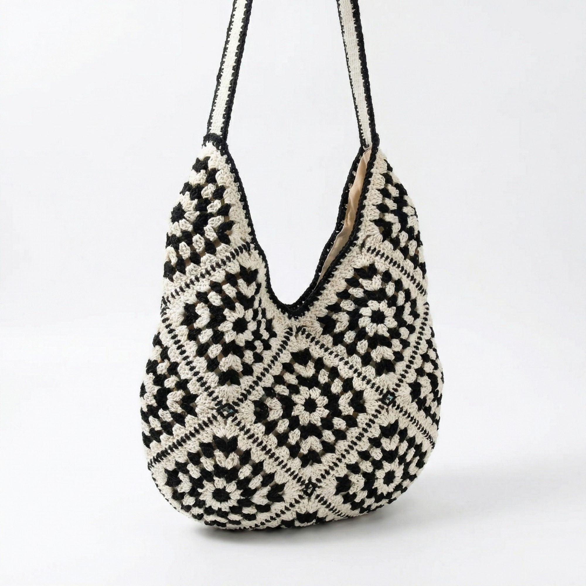 Anna-Kaci Women's Crochet Shoulder Bag with Open Knit Pattern Slouchy Hobo Silhouette and Wide Strap