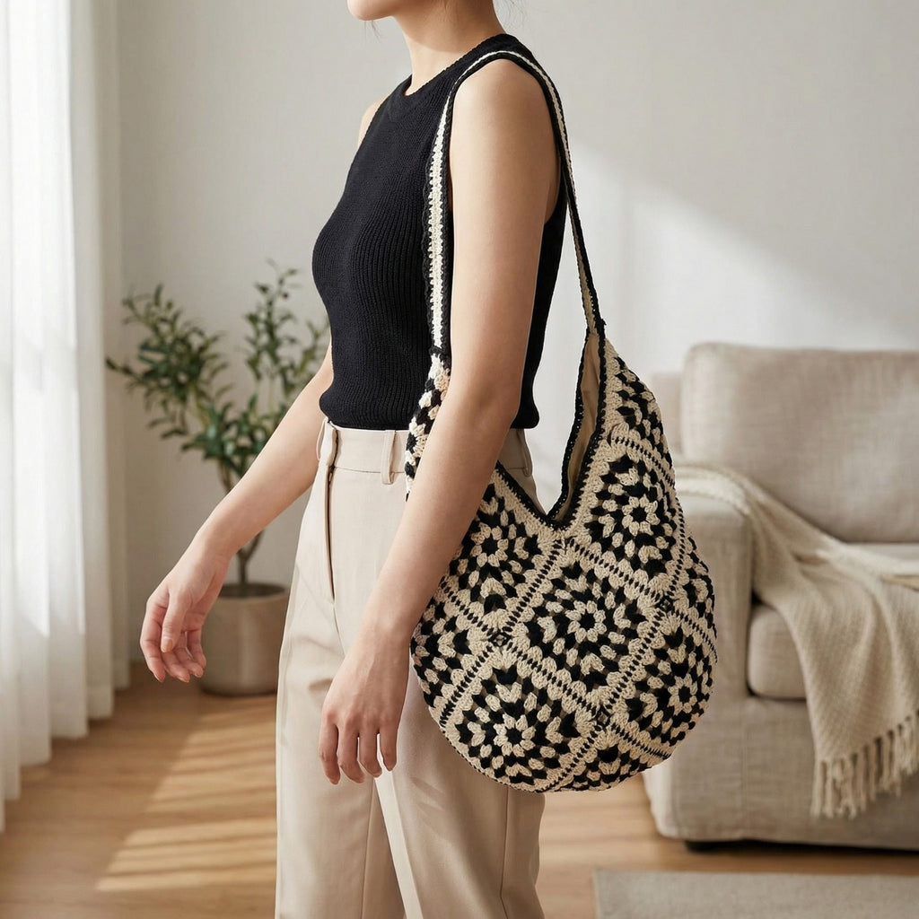 Anna-Kaci Women's Crochet Shoulder Bag with Open Knit Pattern Slouchy Hobo Silhouette and Wide Strap