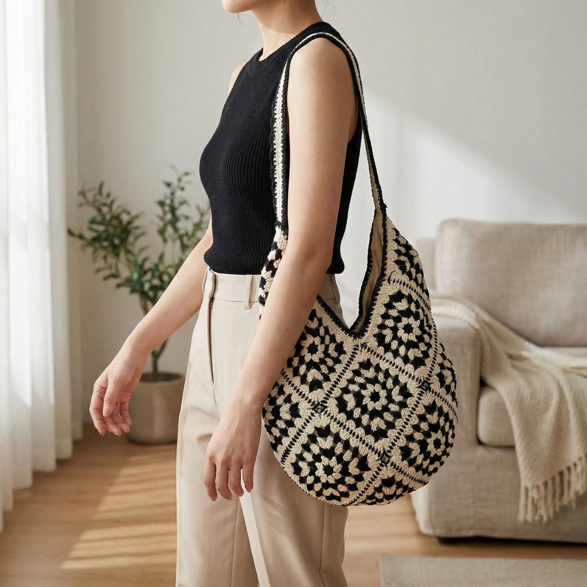 Anna-Kaci Women's Crochet Shoulder Bag with Open Knit Pattern Slouchy Hobo Silhouette and Wide Strap