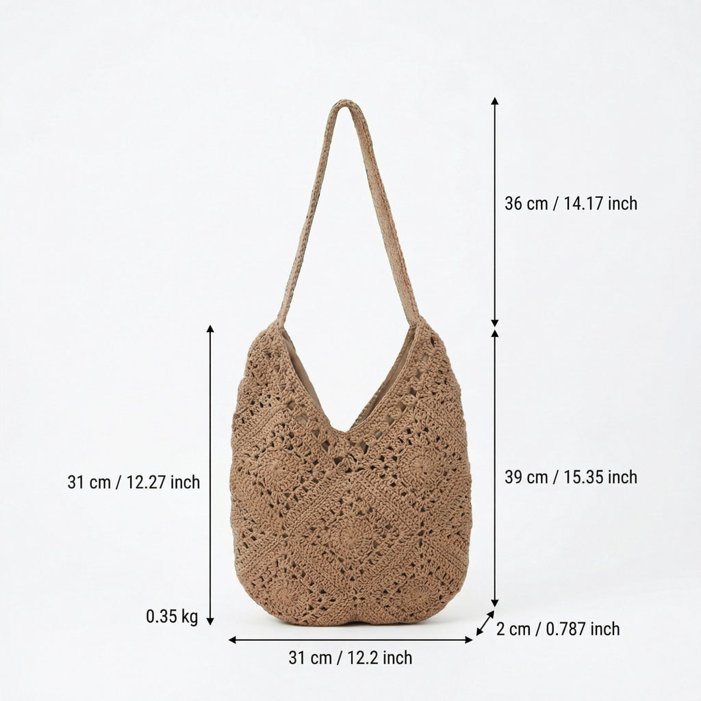Anna-Kaci Women's Crochet Shoulder Bag with Open Knit Pattern Slouchy Hobo Silhouette and Wide Strap