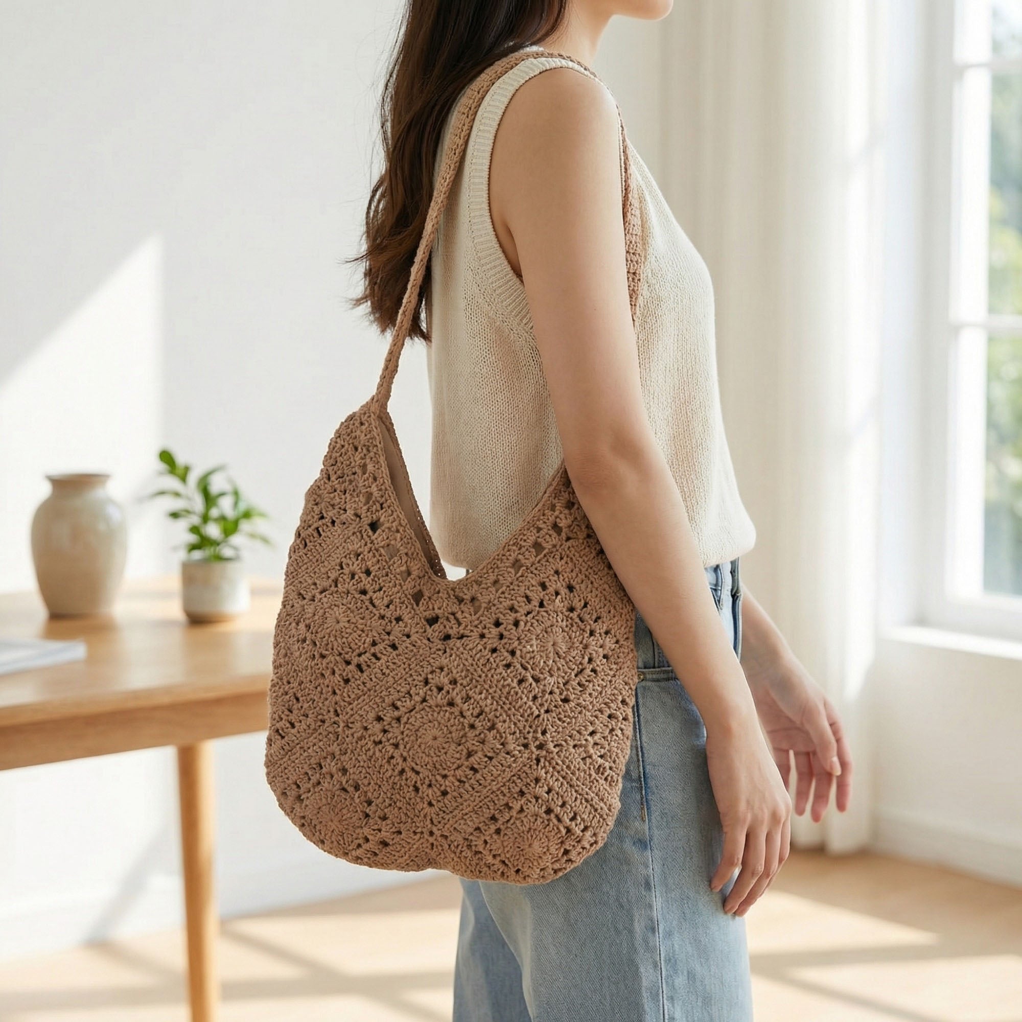 Anna-Kaci Women's Crochet Shoulder Bag with Open Knit Pattern Slouchy Hobo Silhouette and Wide Strap