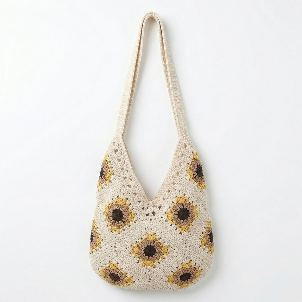 Anna-Kaci Women's Crochet Shoulder Bag with Open Knit Pattern Slouchy Hobo Silhouette and Wide Strap
