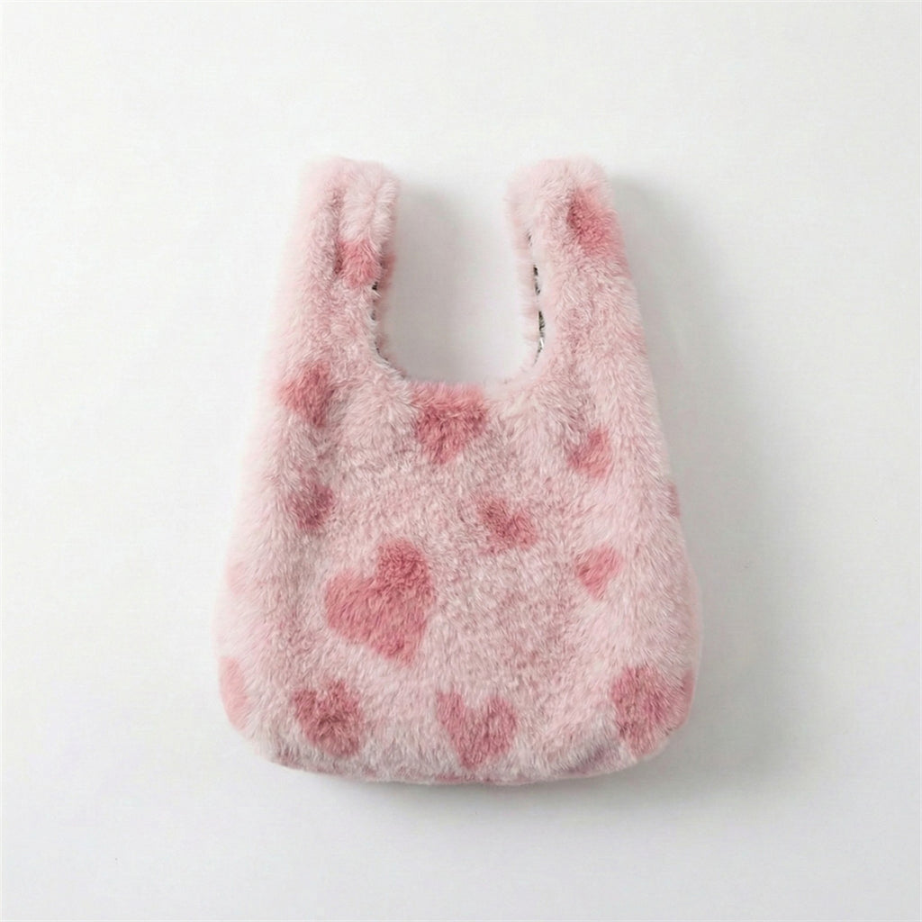 Anna-Kaci Women's Faux Fur Shoulder Tote Bag with Heart Pattern Soft Plush Texture and Wide Handles