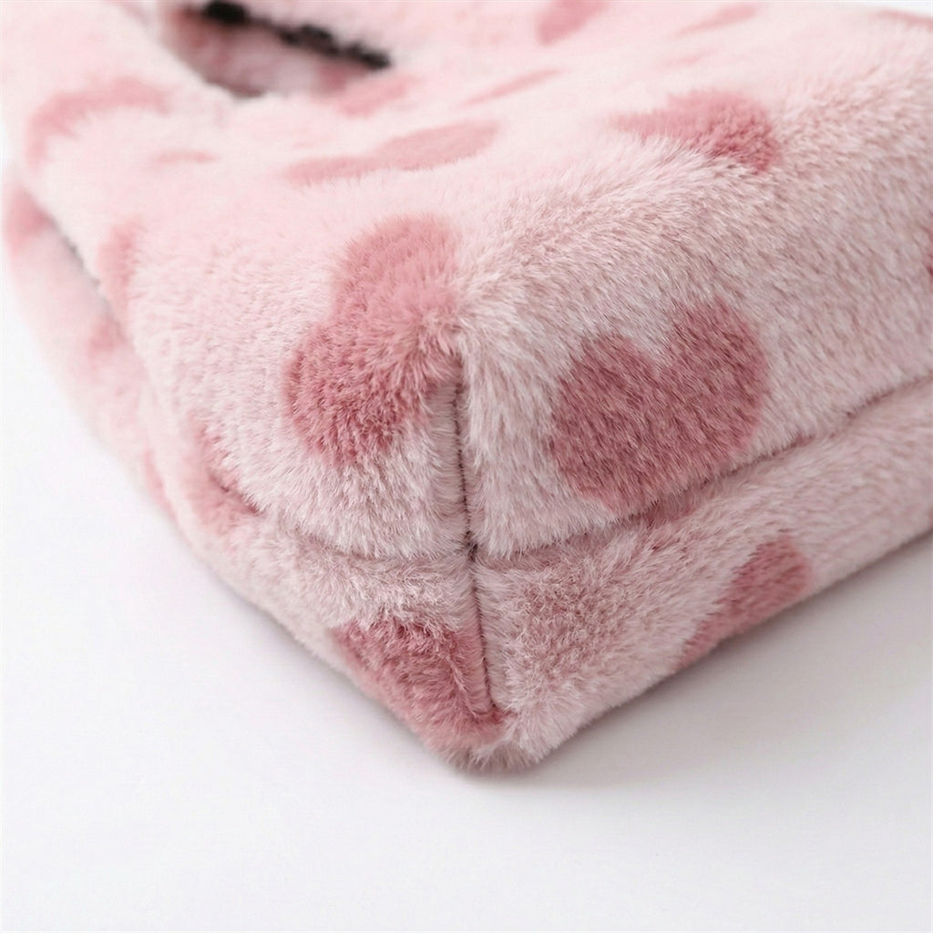 Anna-Kaci Women's Faux Fur Shoulder Tote Bag with Heart Pattern Soft Plush Texture and Wide Handles