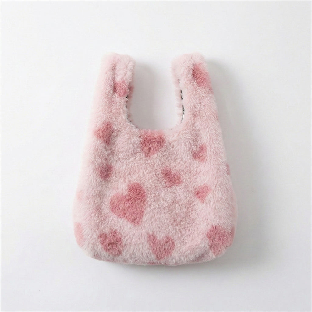 Anna-Kaci Women's Faux Fur Shoulder Tote Bag with Heart Pattern Soft Plush Texture and Wide Handles