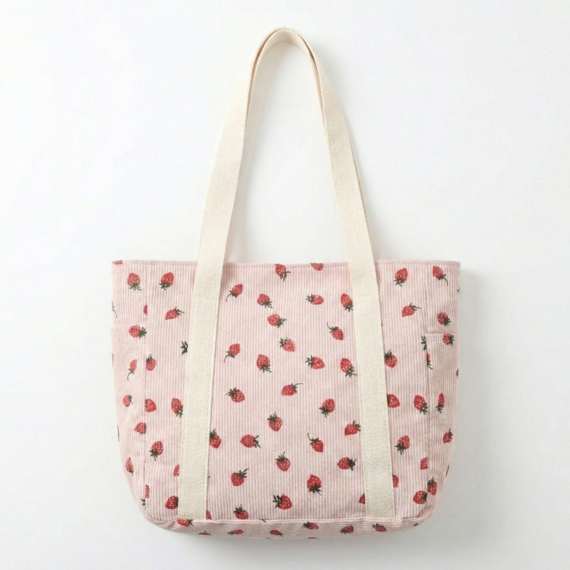 Anna-Kaci Women's Strawberry Print Corduroy Tote Bag with Double Shoulder Straps and Front Snap Pocket