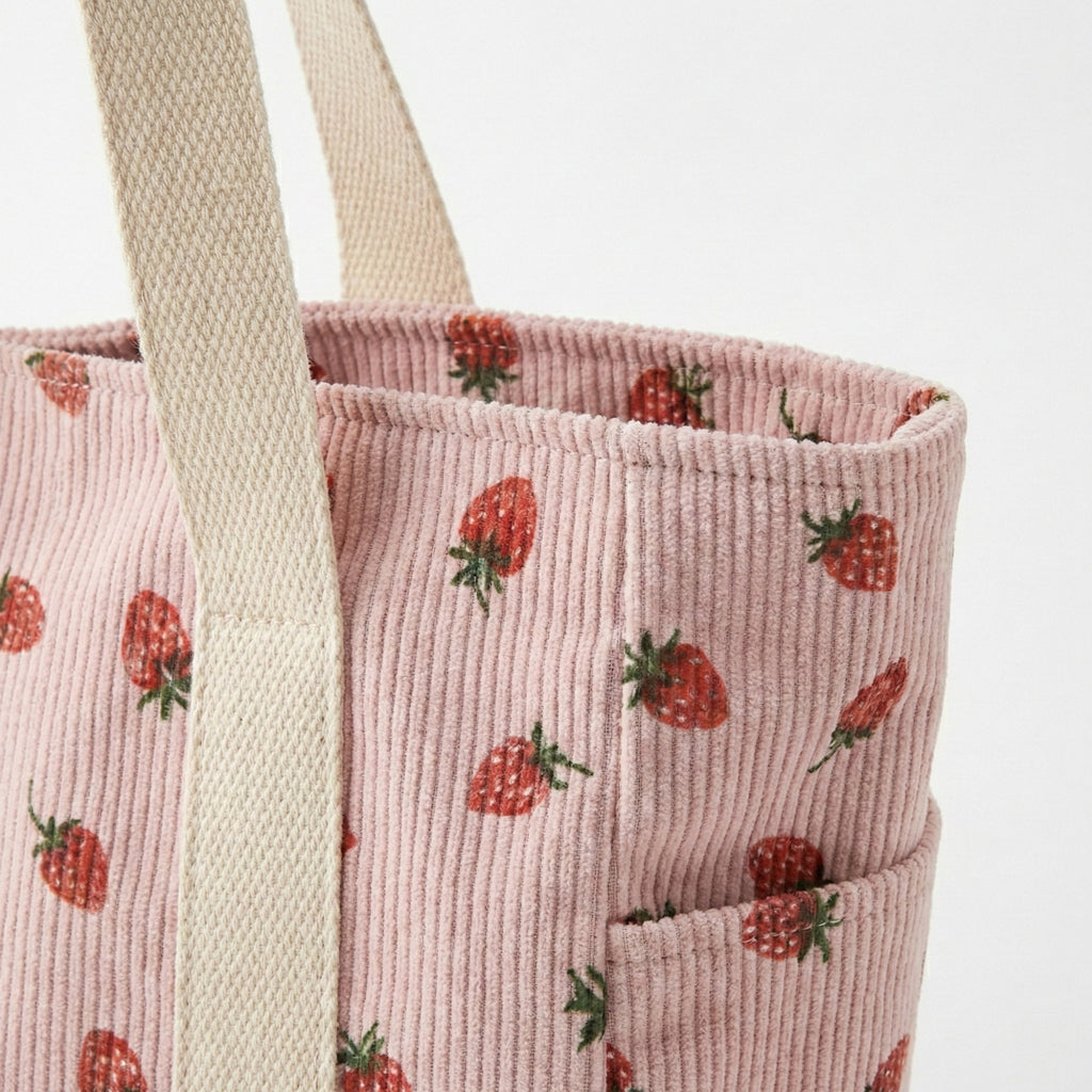 Anna-Kaci Women's Strawberry Print Corduroy Tote Bag with Double Shoulder Straps and Front Snap Pocket
