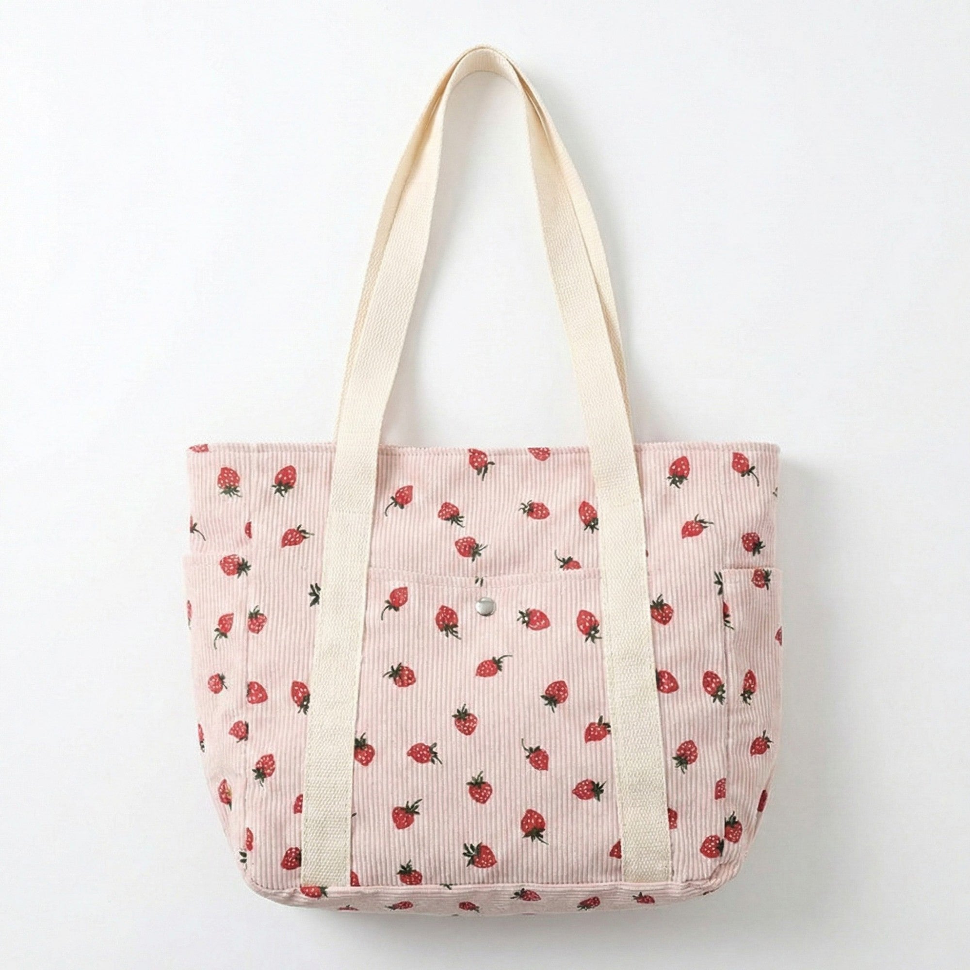 Anna-Kaci Women's Strawberry Print Corduroy Tote Bag with Double Shoulder Straps and Front Snap Pocket