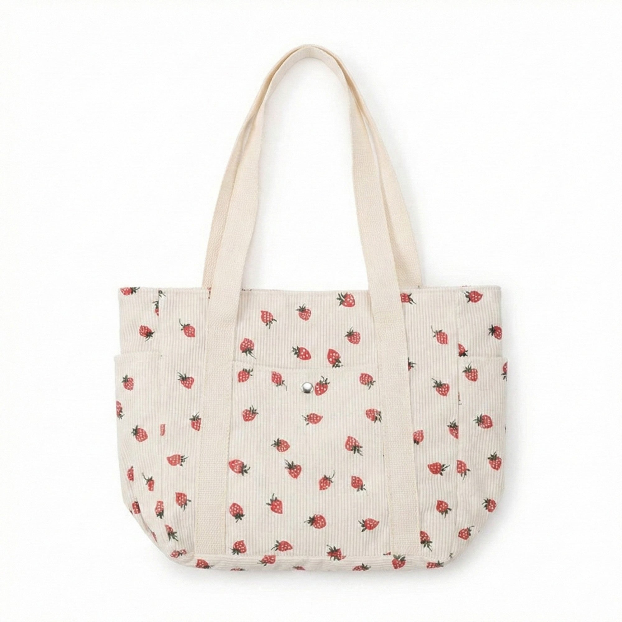 Anna-Kaci Women's Strawberry Print Corduroy Tote Bag with Double Shoulder Straps and Front Snap Pocket