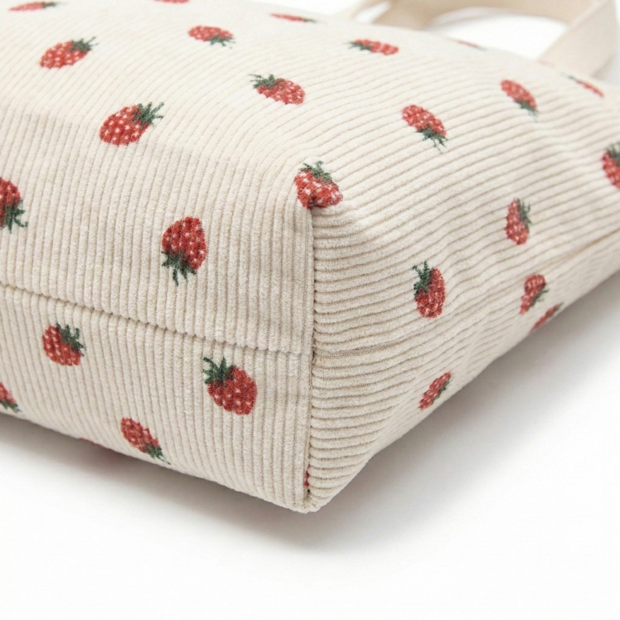 Anna-Kaci Women's Strawberry Print Corduroy Tote Bag with Double Shoulder Straps and Front Snap Pocket