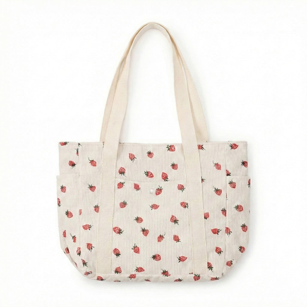 Anna-Kaci Women's Strawberry Print Corduroy Tote Bag with Double Shoulder Straps and Front Snap Pocket