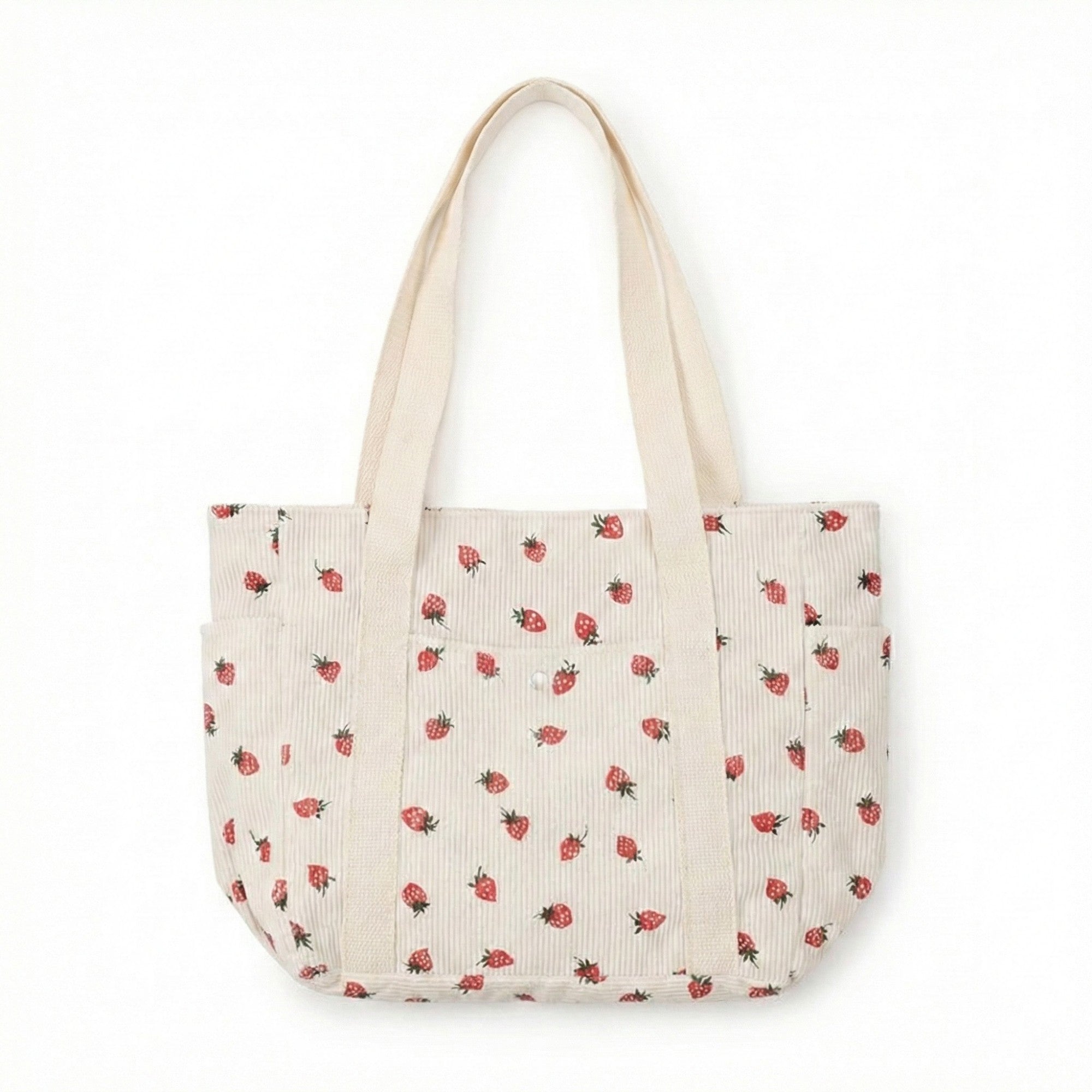 Anna-Kaci Women's Strawberry Print Corduroy Tote Bag with Double Shoulder Straps and Front Snap Pocket