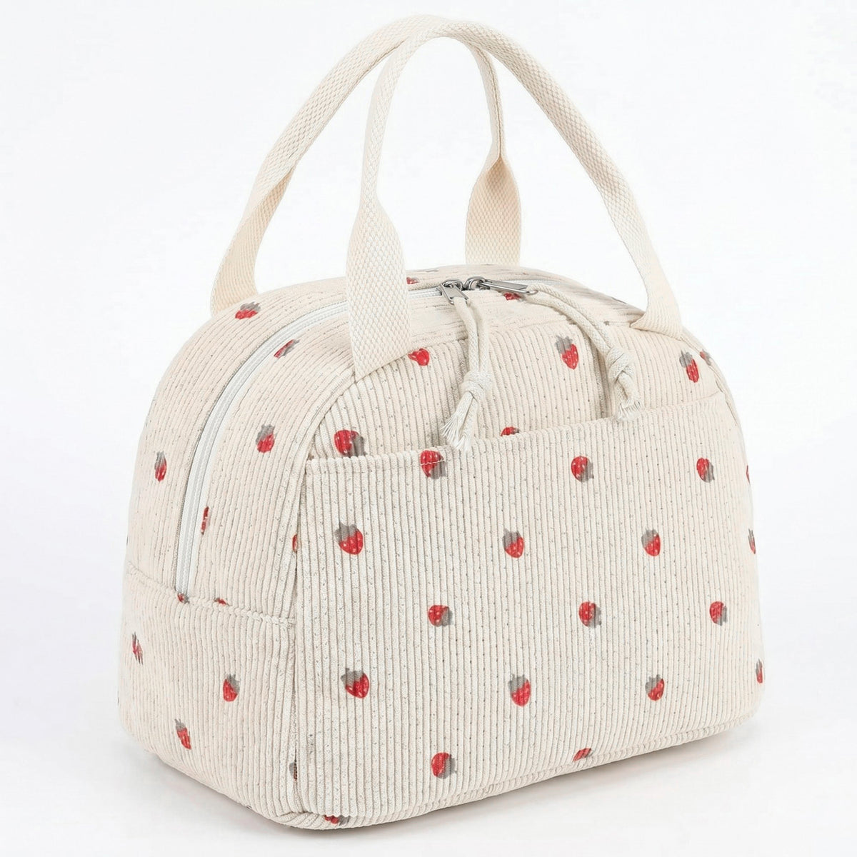 Women's Insulated Lunch Tote Bag with Foil Lining Strawberry Print Corduroy and Top Handle