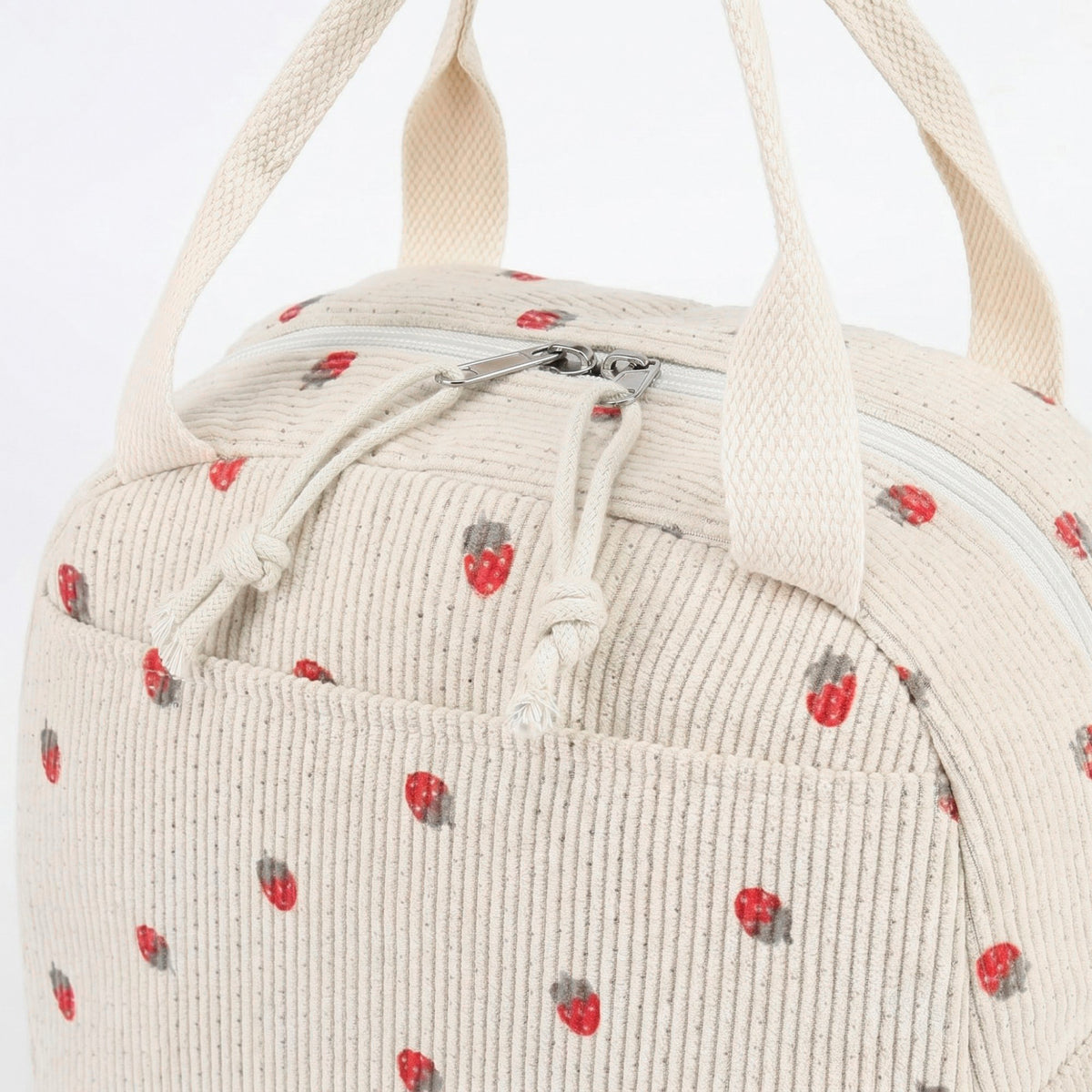 Women's Insulated Lunch Tote Bag with Foil Lining Strawberry Print Corduroy and Top Handle