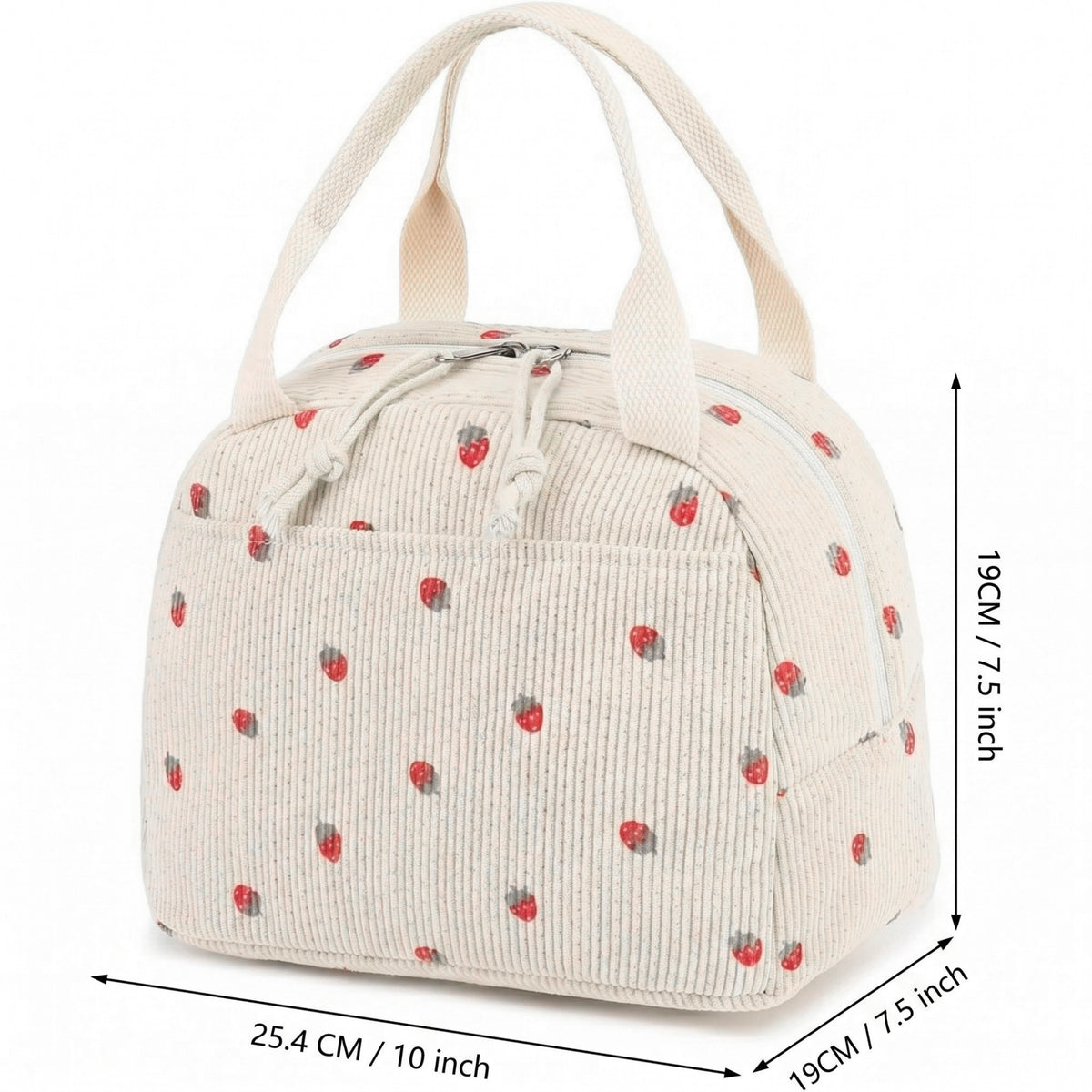 Women's Insulated Lunch Tote Bag with Foil Lining Strawberry Print Corduroy and Top Handle