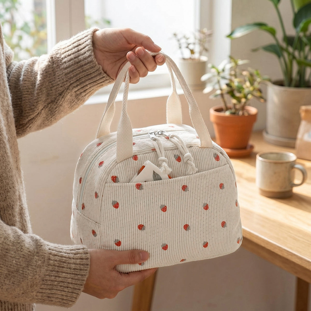 Women's Insulated Lunch Tote Bag with Foil Lining Strawberry Print Corduroy and Top Handle