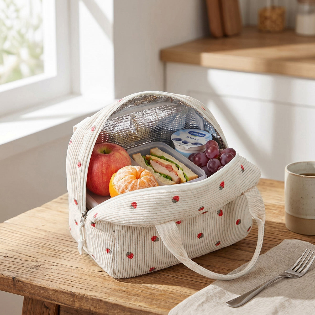 Women's Insulated Lunch Tote Bag with Foil Lining Strawberry Print Corduroy and Top Handle