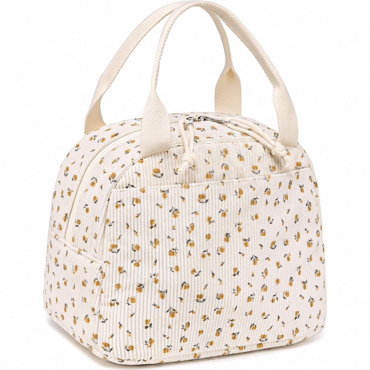 Women's Insulated Lunch Tote Bag with Foil Lining Strawberry Print Corduroy and Top Handle
