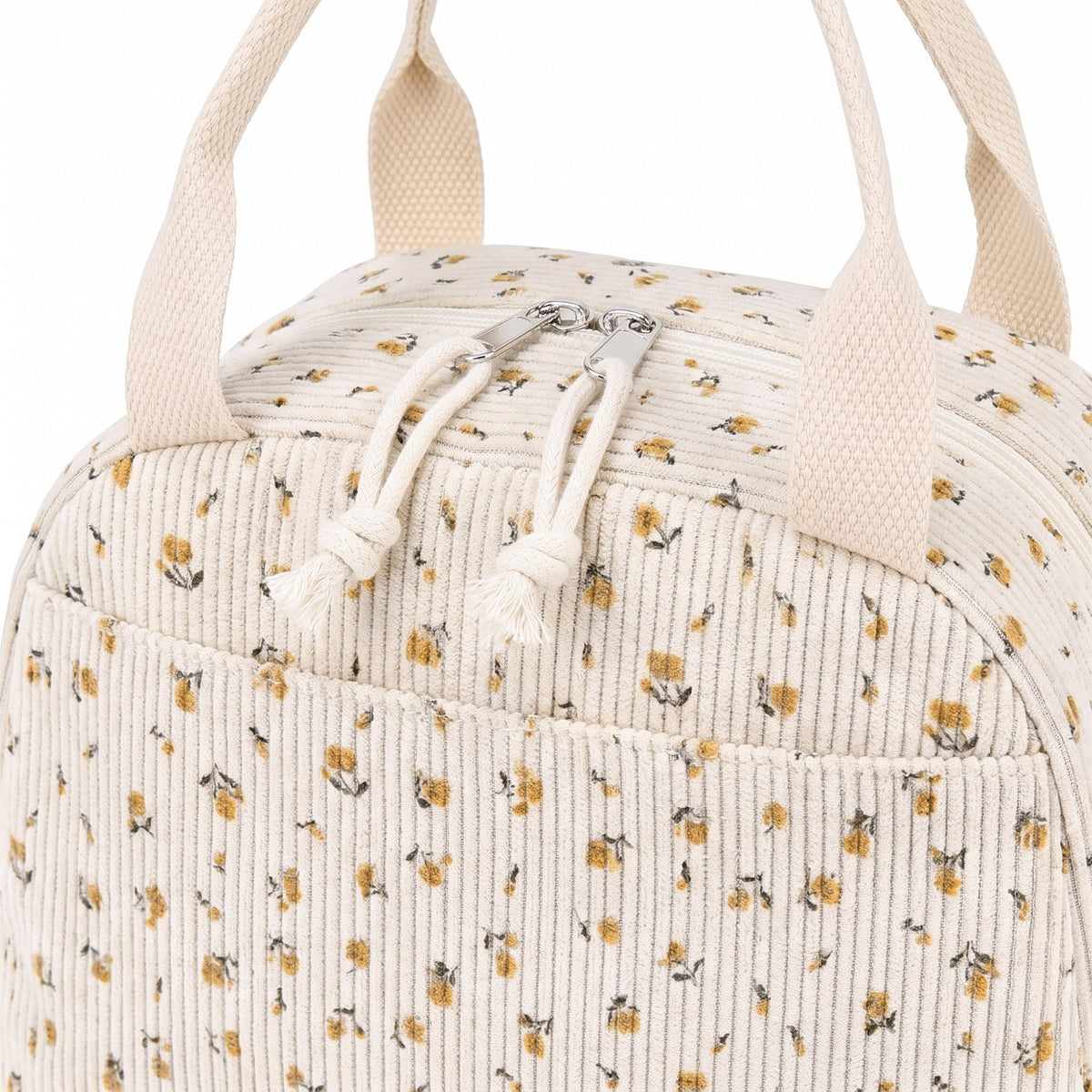 Women's Insulated Lunch Tote Bag with Foil Lining Strawberry Print Corduroy and Top Handle