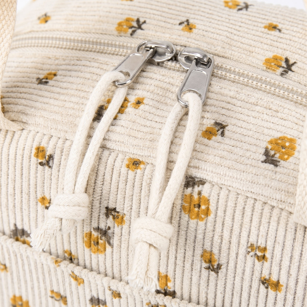 Women's Insulated Lunch Tote Bag with Foil Lining Strawberry Print Corduroy and Top Handle