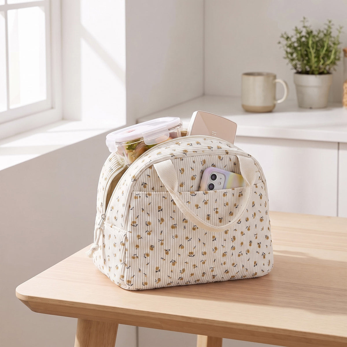 Women's Insulated Lunch Tote Bag with Foil Lining Strawberry Print Corduroy and Top Handle