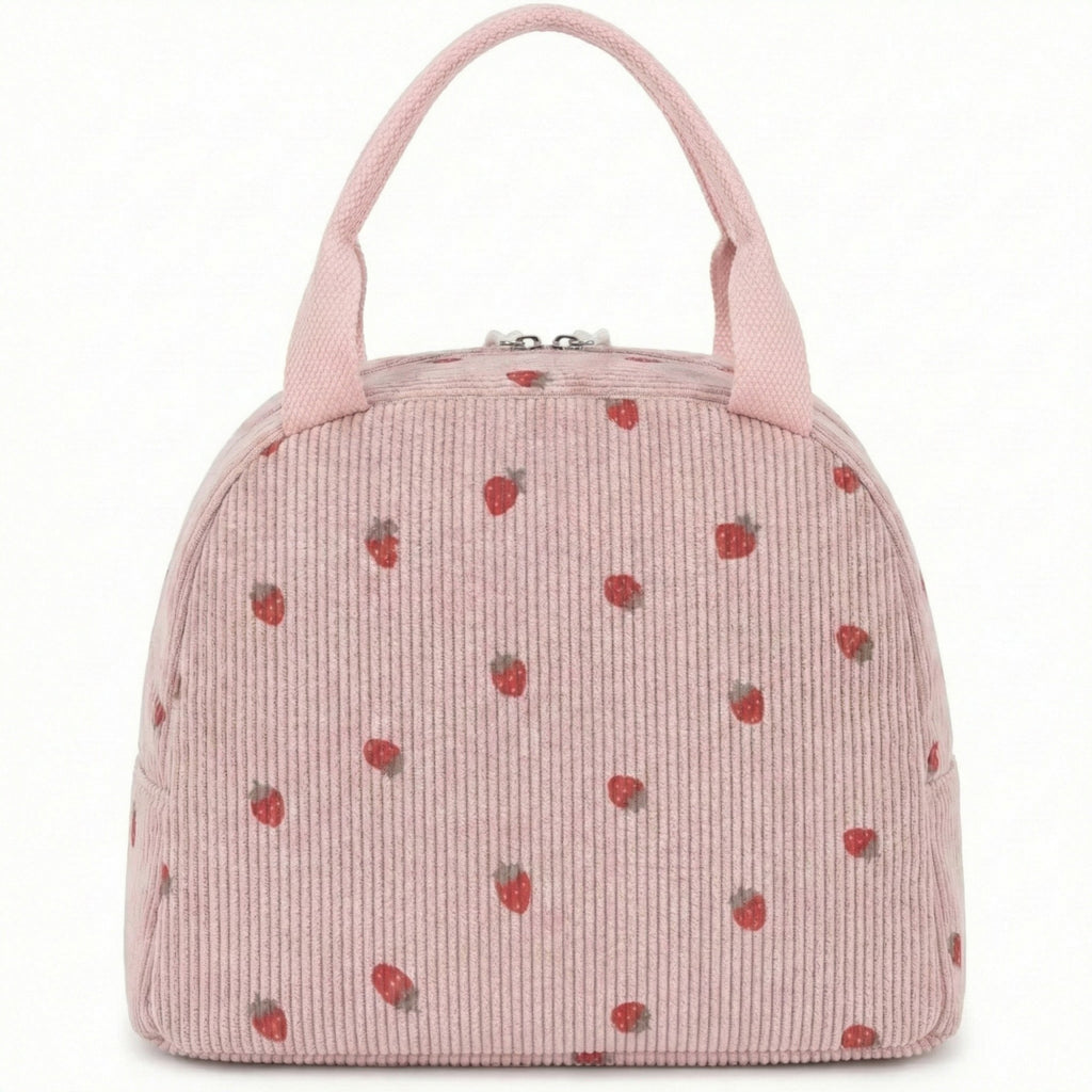 Anna-Kaci Women's Insulated Lunch Tote Bag with Foil Lining Strawberry Print Corduroy and Top Handle
