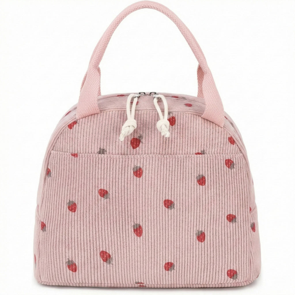 Anna-Kaci Women's Insulated Lunch Tote Bag with Foil Lining Strawberry Print Corduroy and Top Handle
