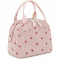 Women's Insulated Lunch Tote Bag with Foil Lining Strawberry Print Corduroy and Top Handle