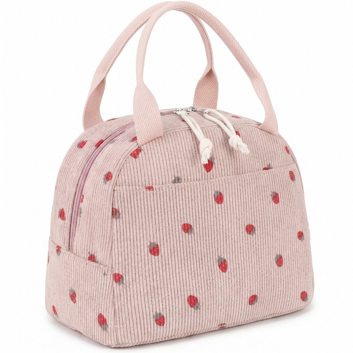 Women's Insulated Lunch Tote Bag with Foil Lining Strawberry Print Corduroy and Top Handle