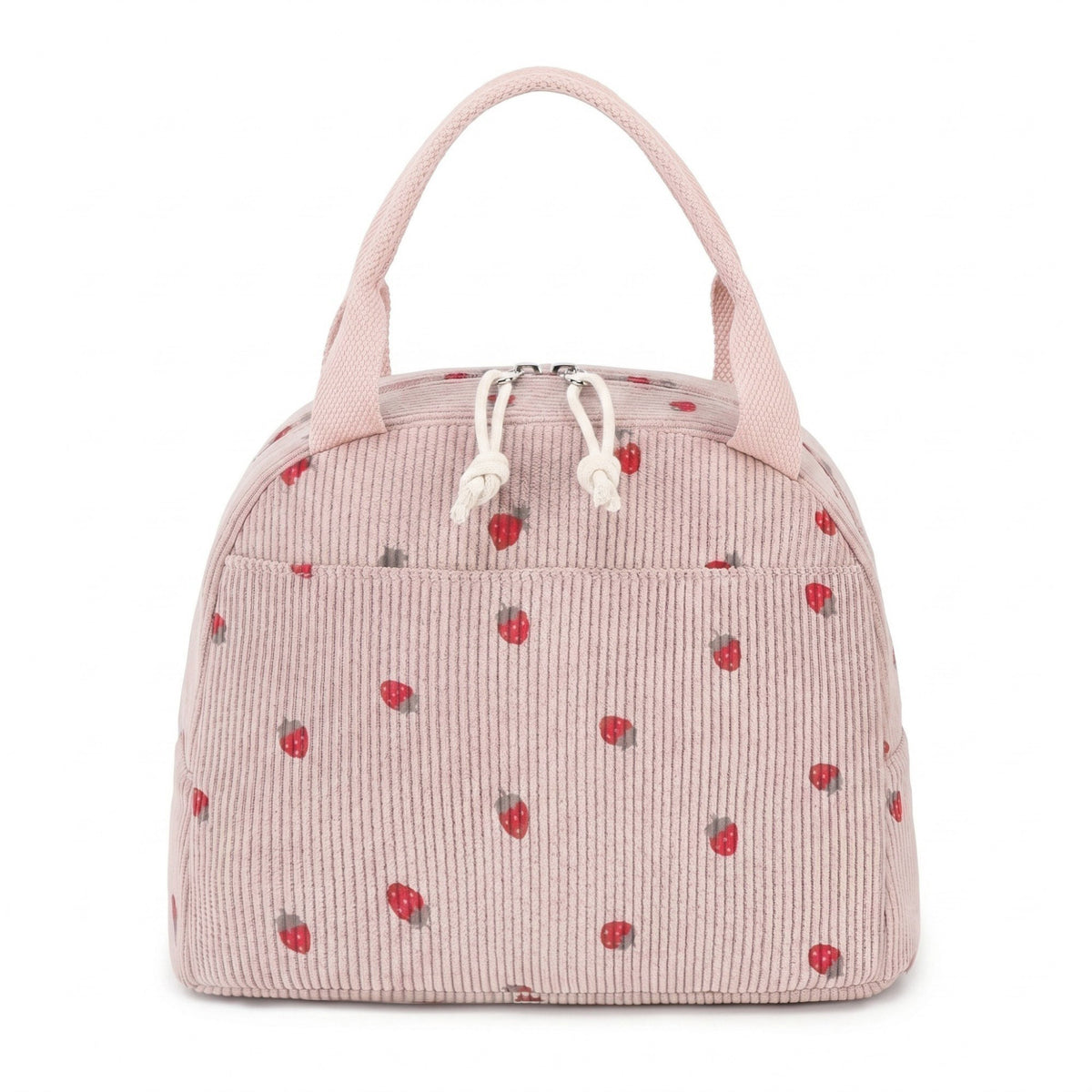 Women's Insulated Lunch Tote Bag with Foil Lining Strawberry Print Corduroy and Top Handle