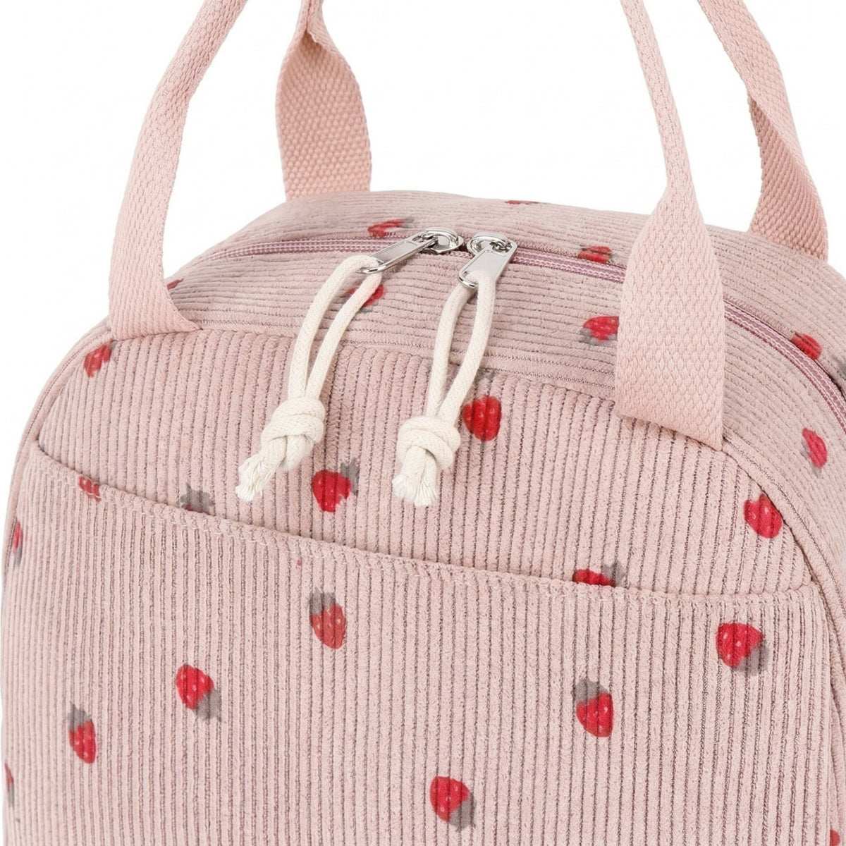 Women's Insulated Lunch Tote Bag with Foil Lining Strawberry Print Corduroy and Top Handle