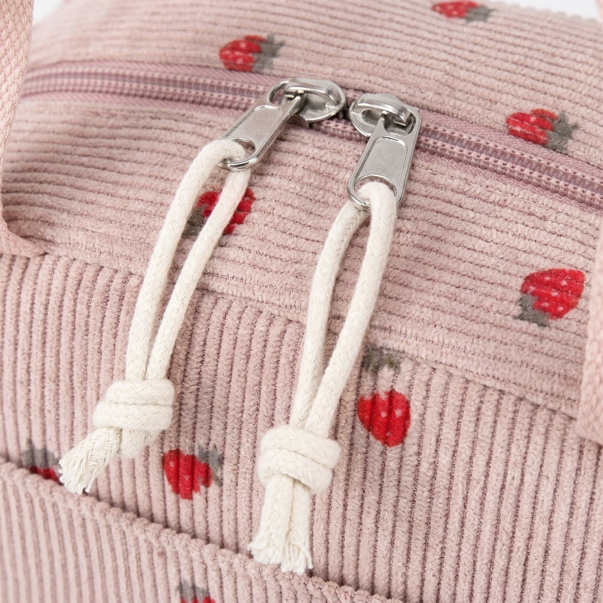 Women's Insulated Lunch Tote Bag with Foil Lining Strawberry Print Corduroy and Top Handle