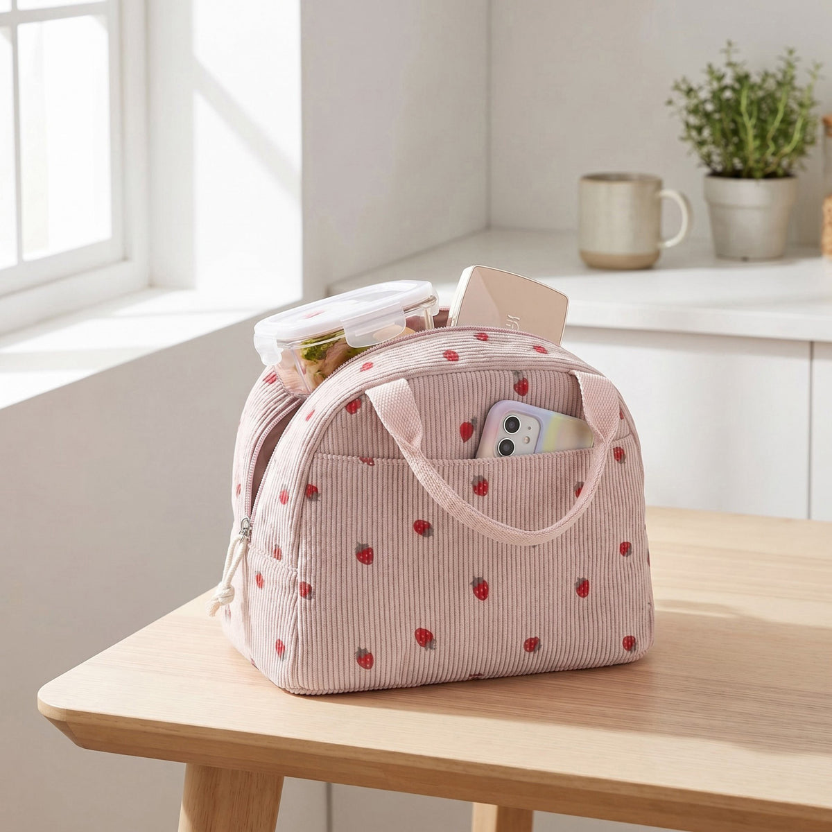 Women's Insulated Lunch Tote Bag with Foil Lining Strawberry Print Corduroy and Top Handle