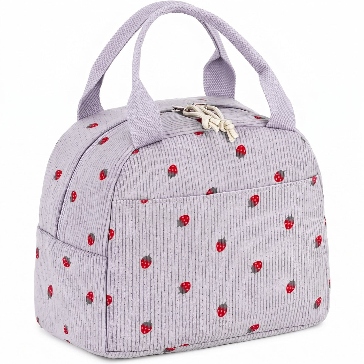 Women's Insulated Lunch Tote Bag with Foil Lining Strawberry Print Corduroy and Top Handle