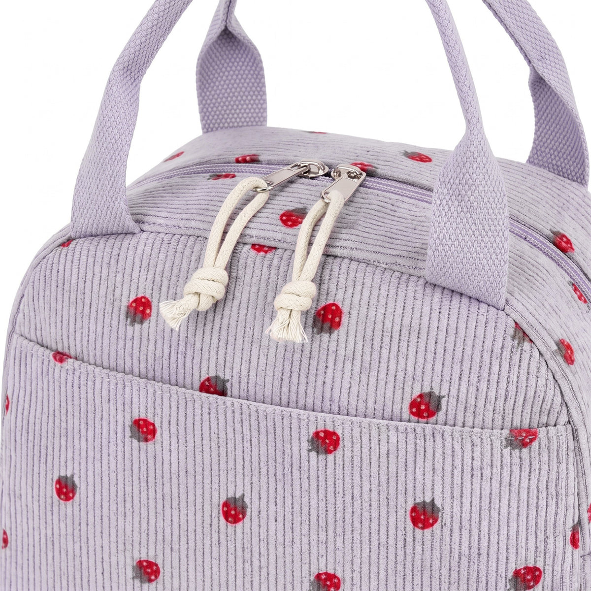 Women's Insulated Lunch Tote Bag with Foil Lining Strawberry Print Corduroy and Top Handle