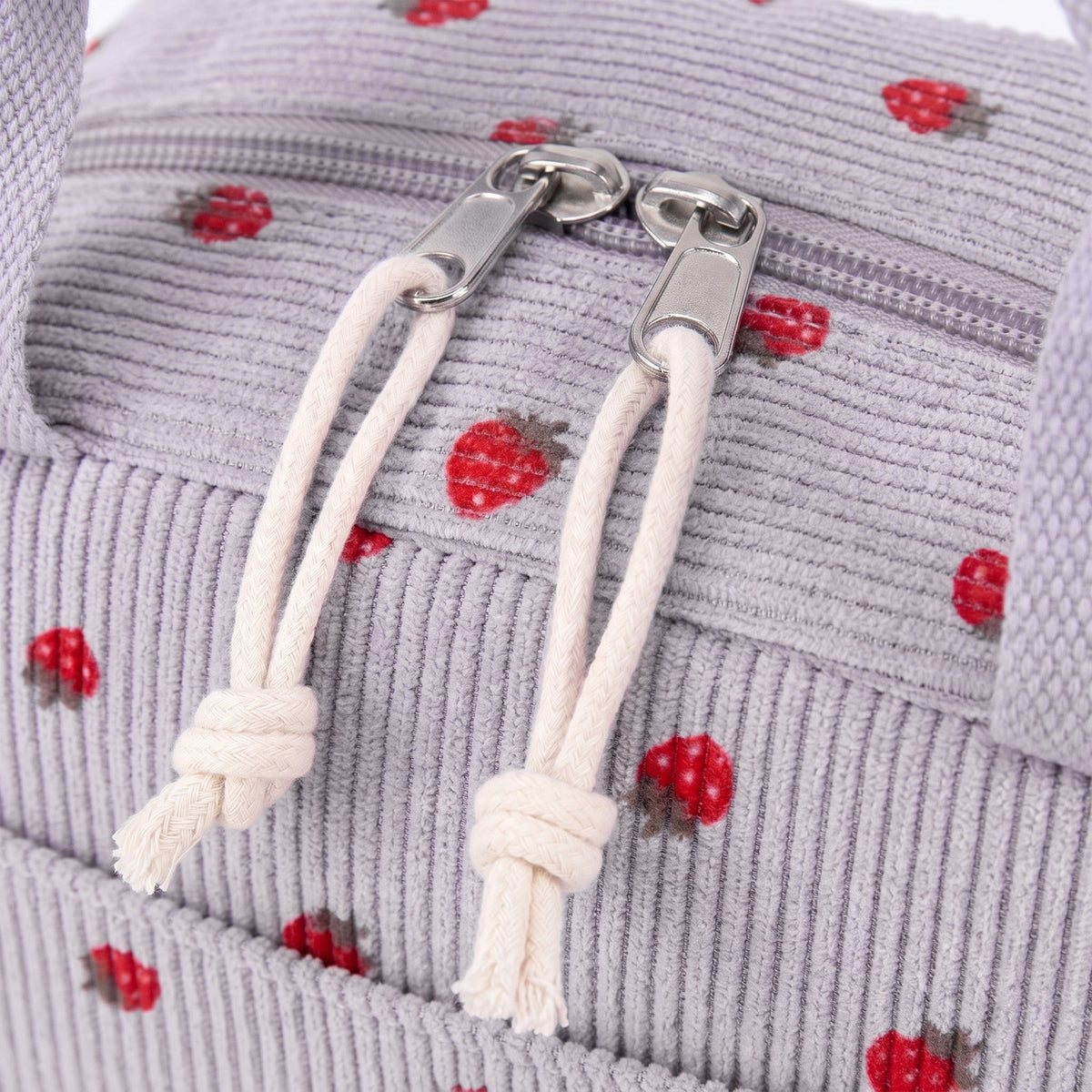 Women's Insulated Lunch Tote Bag with Foil Lining Strawberry Print Corduroy and Top Handle