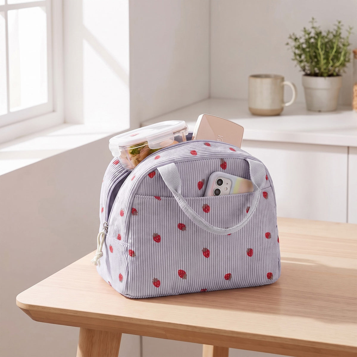 Women's Insulated Lunch Tote Bag with Foil Lining Strawberry Print Corduroy and Top Handle