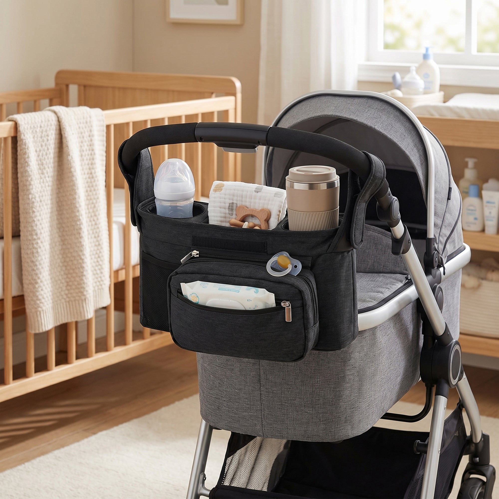 Anna-Kaci Stroller Organizer with Cup Holders and Zipper Pockets Adjustable Straps Large Storage Space