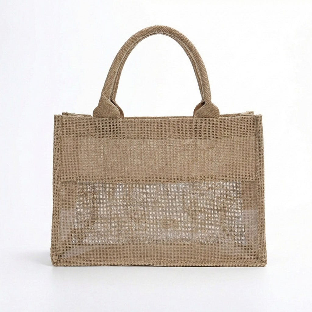 Anna-Kaci Women's Linen Blend Tote Bag with Structured Shape Clear Window Panel and Double Top Handles
