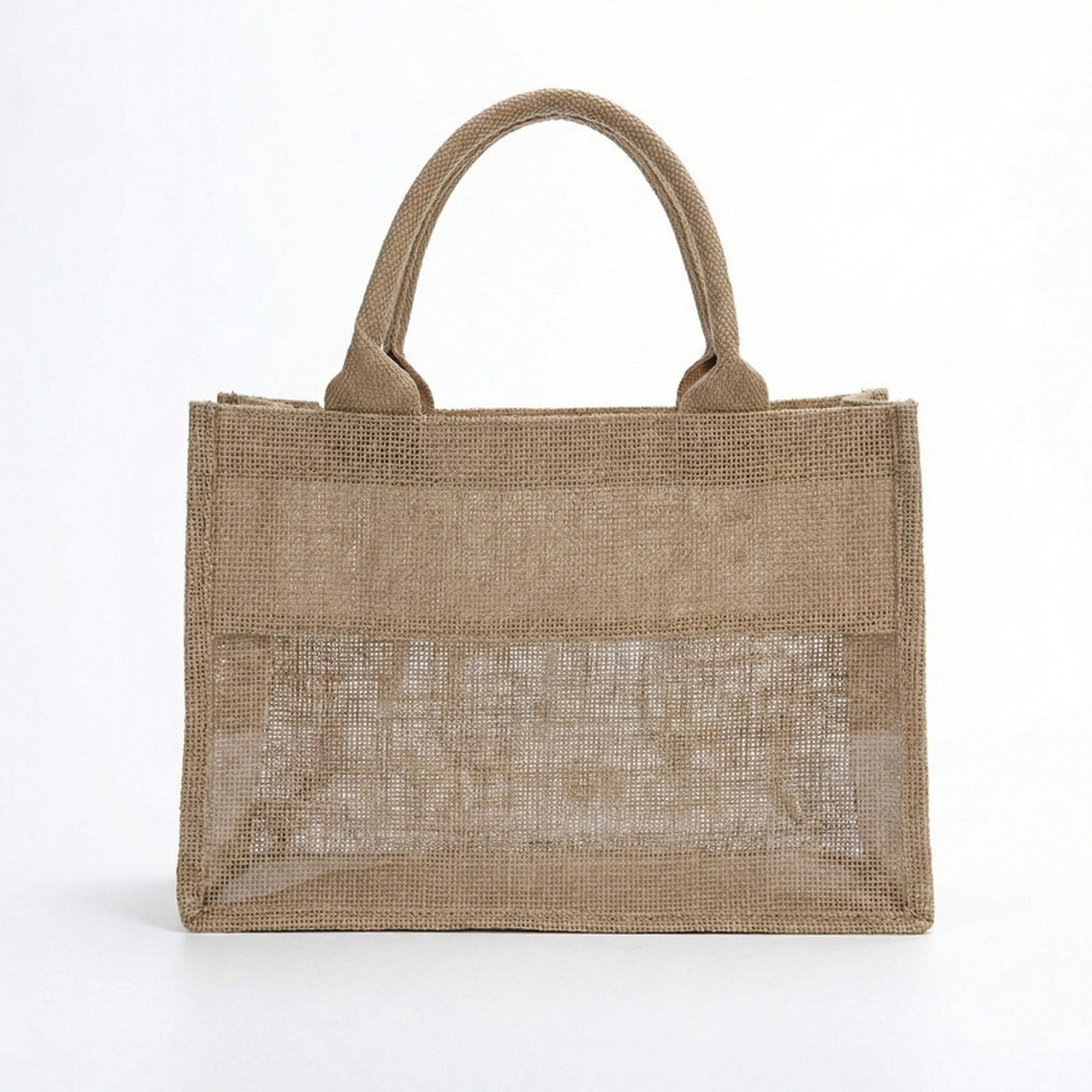 Anna-Kaci Women's Linen Blend Tote Bag with Structured Shape Clear Window Panel and Double Top Handles