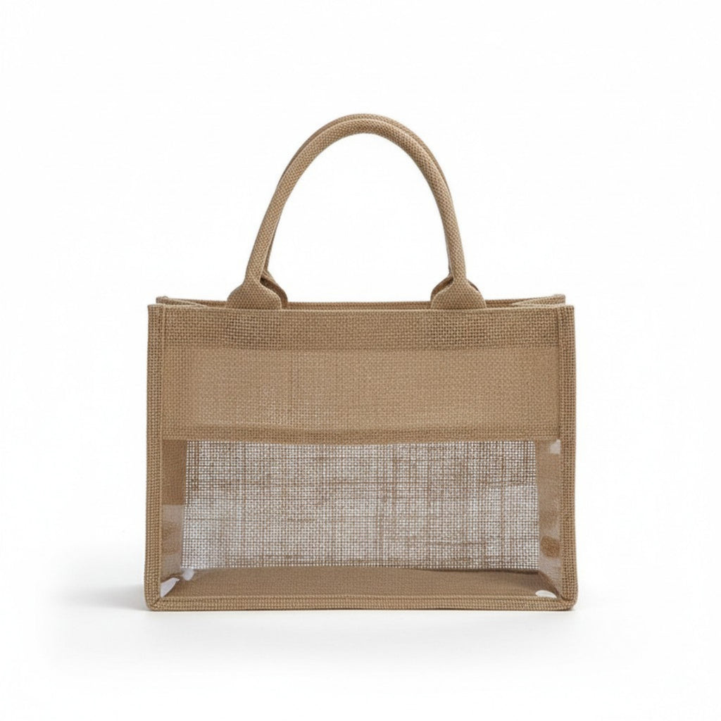 Anna-Kaci Women's Linen Blend Tote Bag with Structured Shape Clear Window Panel and Double Top Handles