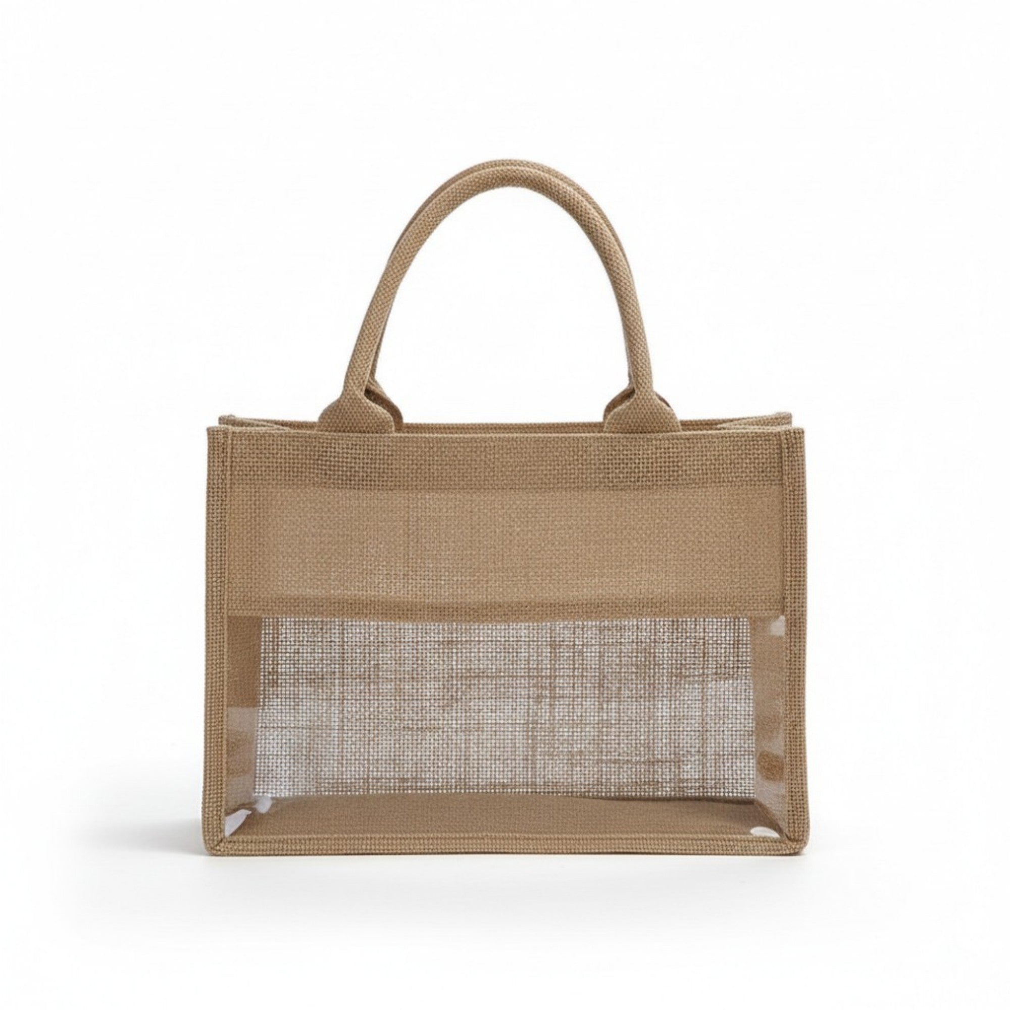 Anna-Kaci Women's Linen Blend Tote Bag with Structured Shape Clear Window Panel and Double Top Handles