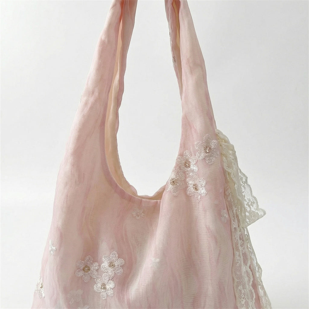 Anna-Kaci Women's Soft Shoulder Bag Floral Embroidery Lace Trim Detail Slouchy Hobo Silhouette