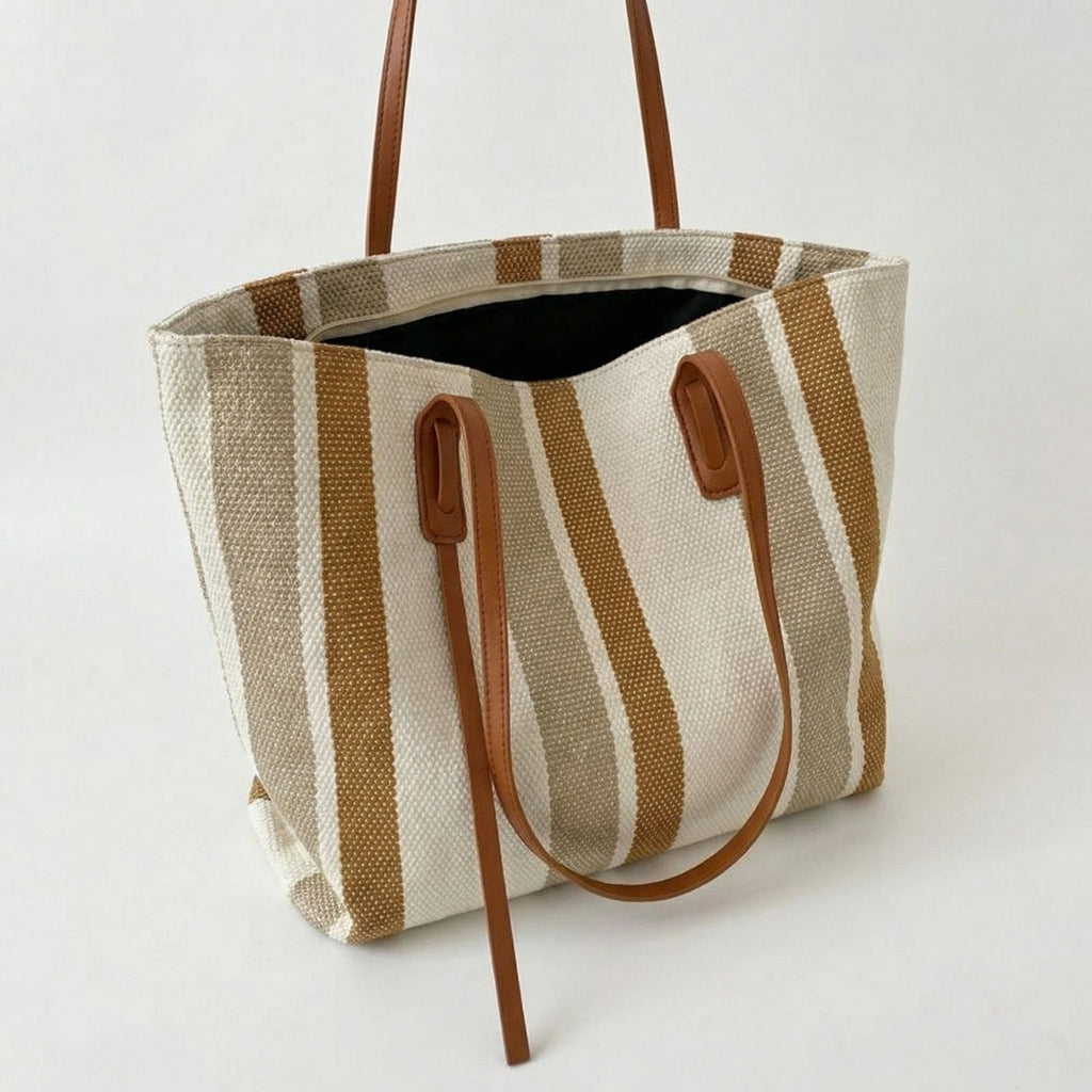 Anna-Kaci Women's Striped Canvas Tote Bag Dual Shoulder Straps Structured Open Top Design